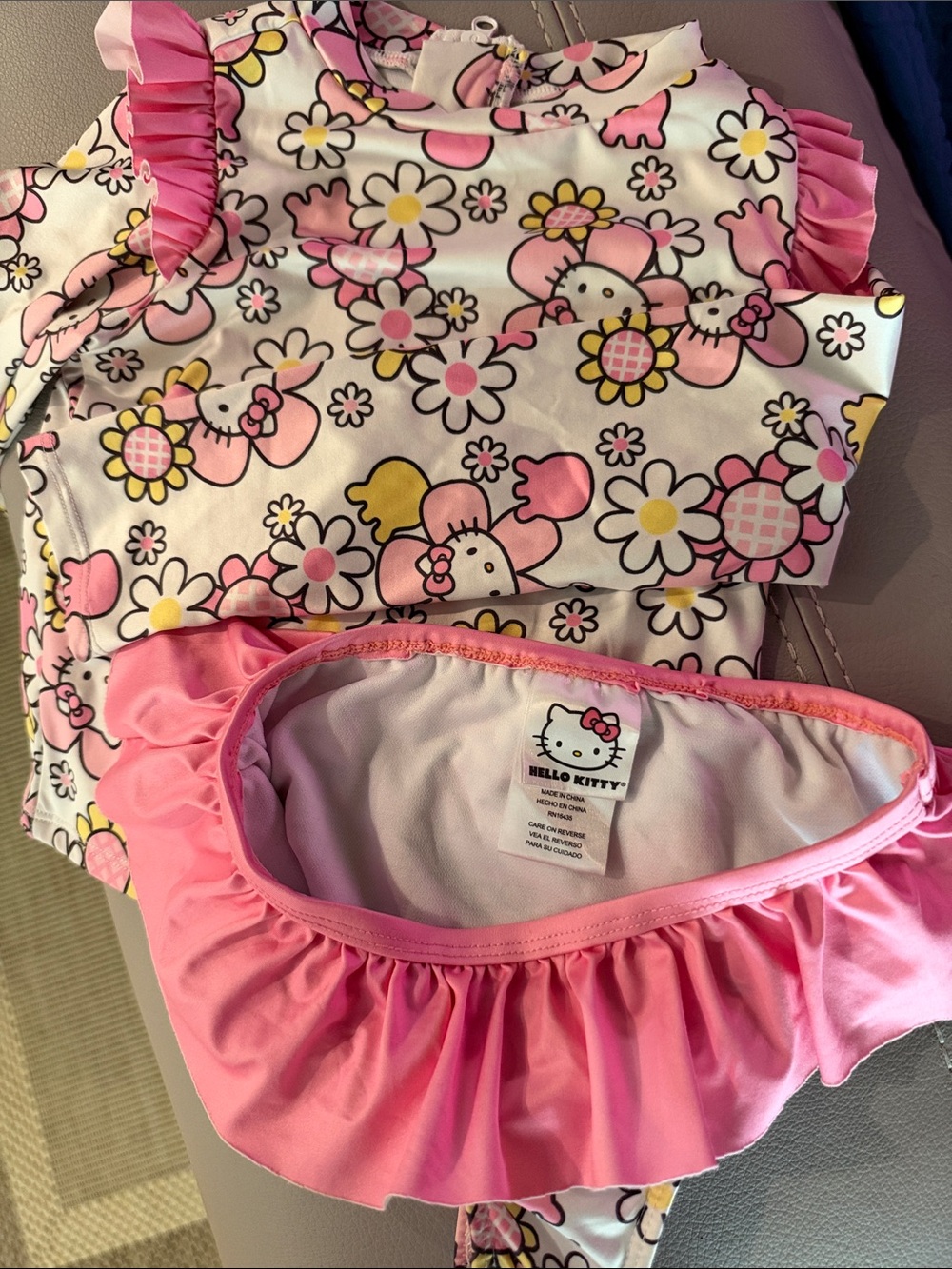 Hello Kitty Pink Yellow Floral Ruffle Two-Piece Swim Set